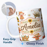 Personalized Custom Name Cute Autumn Scarecrow Barn Flowers Seamless Pattern Grey Background 11oz Ceramic Coffee Tea Mug White Large Handle