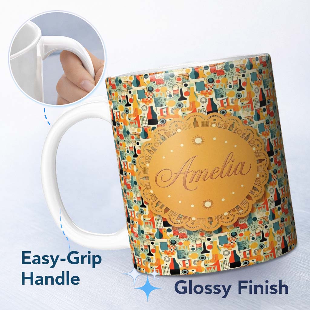 Personalized Custom Name Abstract Geometric Mid Century Pattern Shapes Seamless Modern Design 11oz Ceramic Coffee Tea Mug White Large Handle