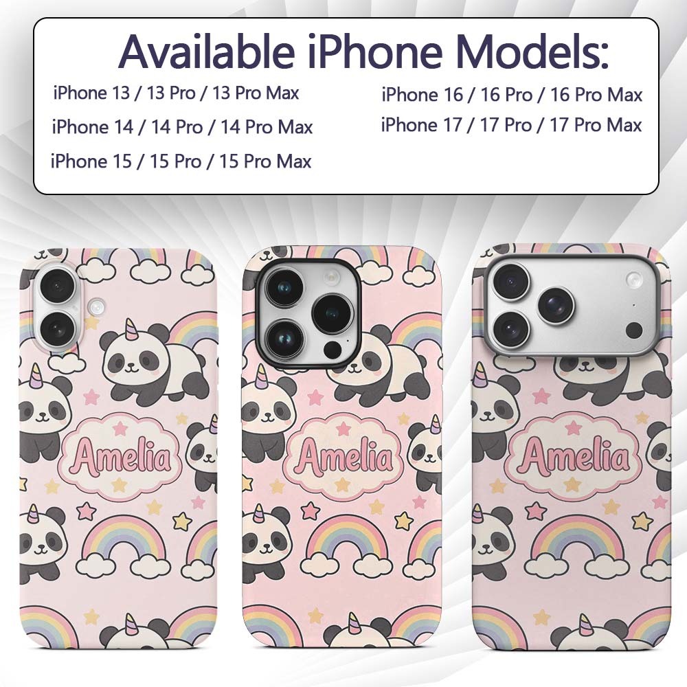 Cute Panda Unicorn Cartoon Animal Printed Design Custom Name Protective Phone Case Mobile Cover Durable Everyday Smartphone Shock Resistant