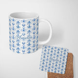 Personalized Custom Name Elegant Blue Damask Symmetrical Floral Seamless Pattern Name Cute 11oz Ceramic Coffee Tea Mug White Large Handle