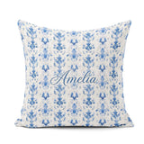 Custom Name Elegant Blue Damask Symmetrical Floral Seamless Name Square Filled Cushion Throw Pillow Sofa Bed Home Decor Zip Washable UK Made