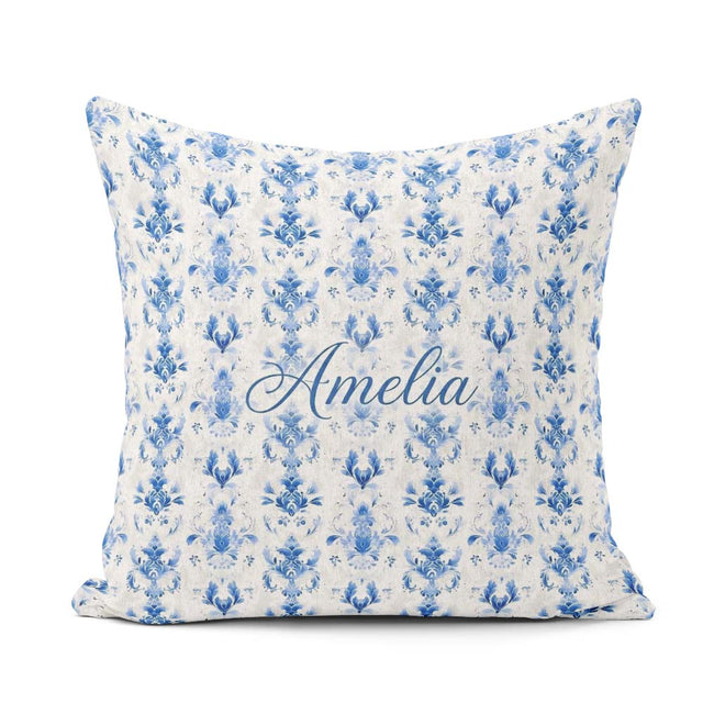 Custom Name Elegant Blue Damask Symmetrical Floral Seamless Name Square Filled Cushion Throw Pillow Sofa Bed Home Decor Zip Washable UK Made