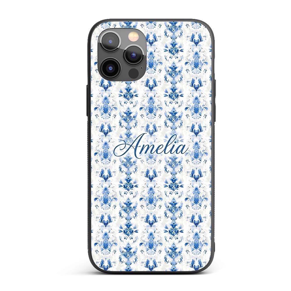Elegant Blue Damask Symmetrical Floral Seamless Custom Name Protective Phone Case Mobile Cover Durable Everyday Smartphone Shock Resistant