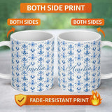 Personalized Custom Name Elegant Blue Damask Symmetrical Floral Seamless Pattern Name Cute 11oz Ceramic Coffee Tea Mug White Large Handle