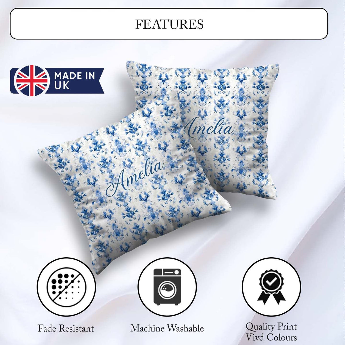 Custom Name Elegant Blue Damask Symmetrical Floral Seamless Name Square Filled Cushion Throw Pillow Sofa Bed Home Decor Zip Washable UK Made