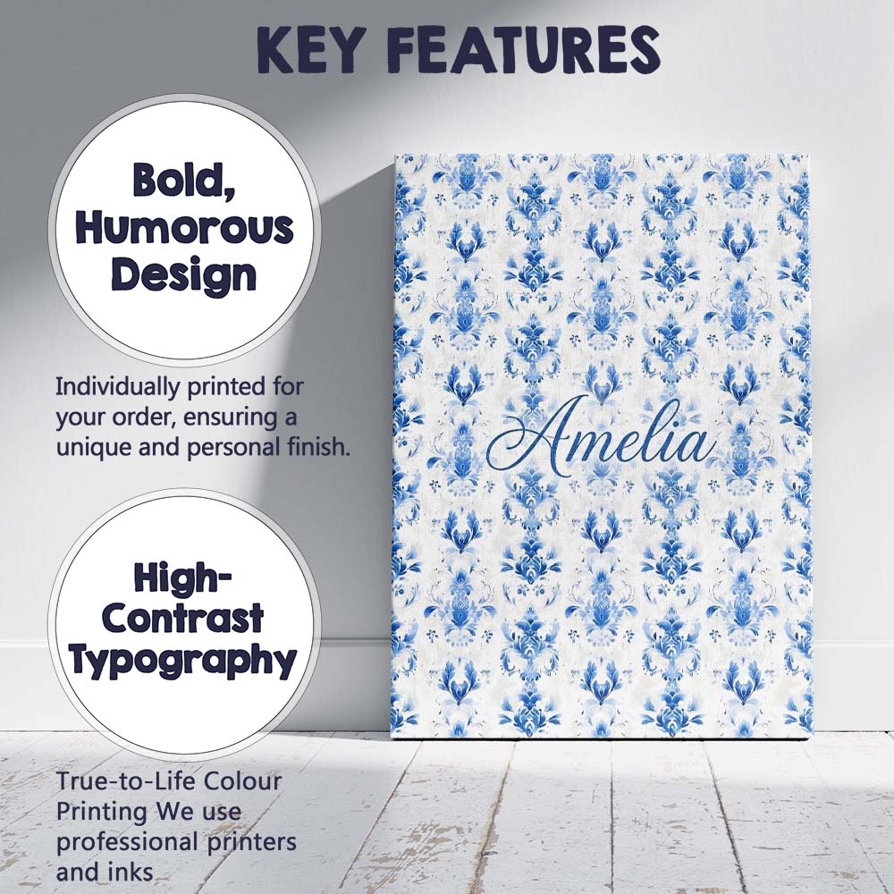 Personalised Name Elegant Blue Damask Custom Modern Room Accent Creative Decorator Style Canvas Wall Art Print Decor Picture Ready to Hang