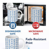 Personalized Custom Name Elegant Blue Damask Symmetrical Floral Seamless Pattern Name Cute 11oz Ceramic Coffee Tea Mug White Large Handle