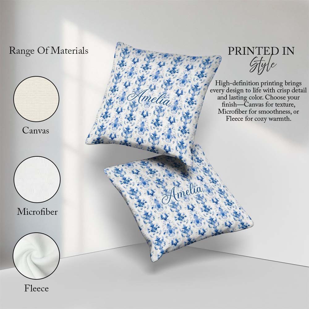 Custom Name Elegant Blue Damask Symmetrical Floral Seamless Name Square Filled Cushion Throw Pillow Sofa Bed Home Decor Zip Washable UK Made