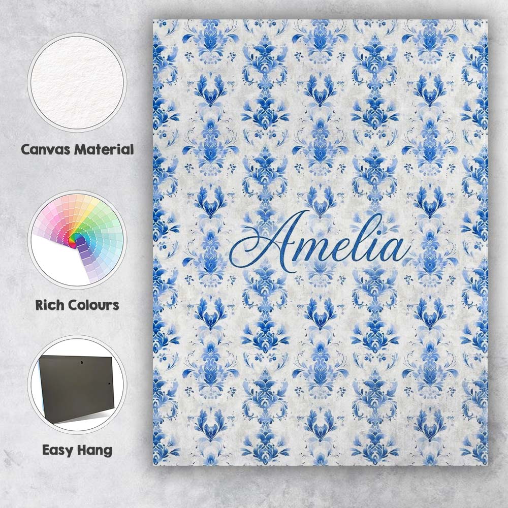 Personalised Name Elegant Blue Damask Custom Modern Room Accent Creative Decorator Style Canvas Wall Art Print Decor Picture Ready to Hang