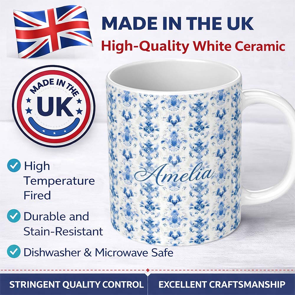 Personalized Custom Name Elegant Blue Damask Symmetrical Floral Seamless Pattern Name Cute 11oz Ceramic Coffee Tea Mug White Large Handle