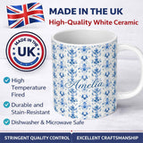 Personalized Custom Name Elegant Blue Damask Symmetrical Floral Seamless Pattern Name Cute 11oz Ceramic Coffee Tea Mug White Large Handle