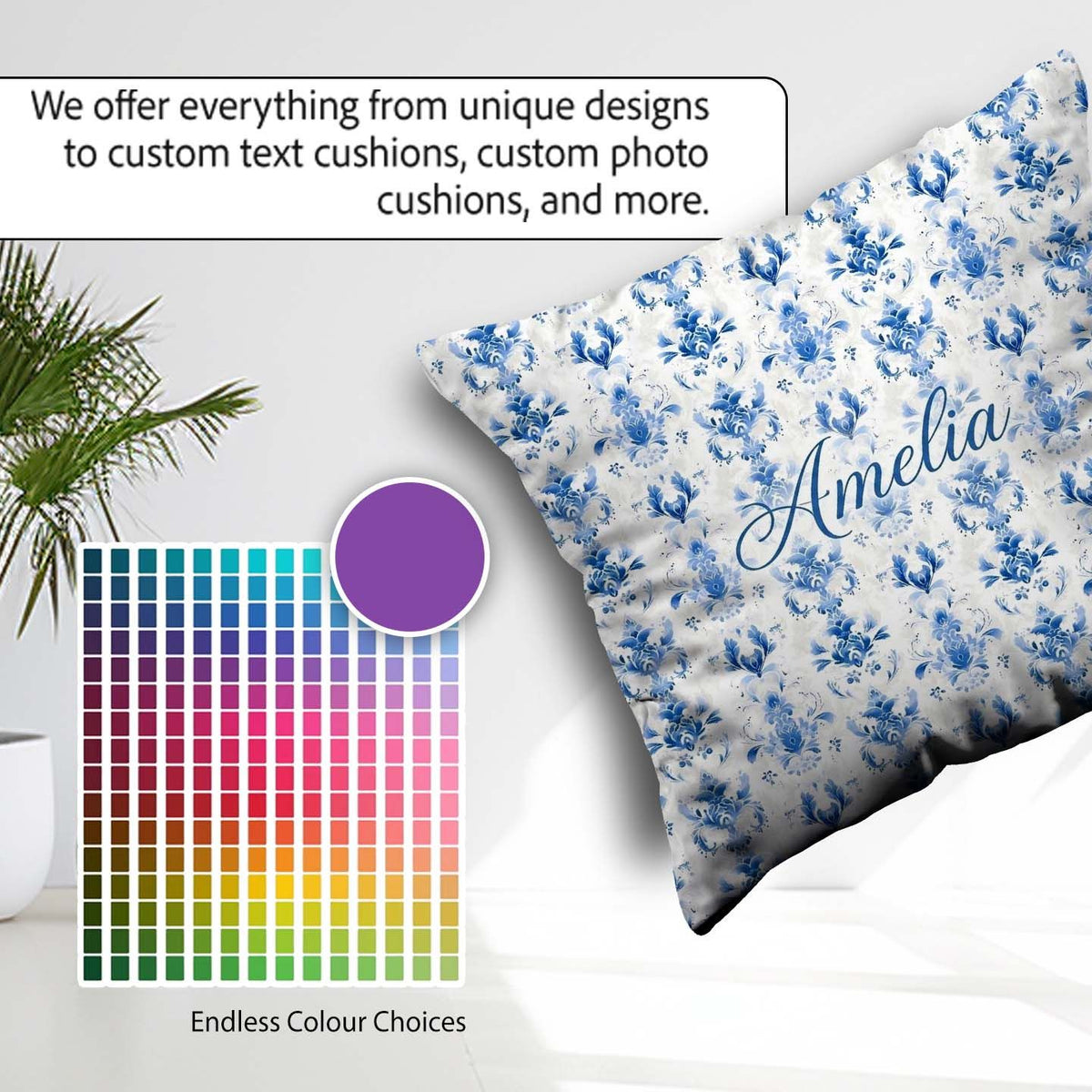 Custom Name Elegant Blue Damask Symmetrical Floral Seamless Name Square Filled Cushion Throw Pillow Sofa Bed Home Decor Zip Washable UK Made
