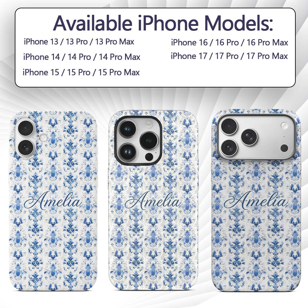 Elegant Blue Damask Symmetrical Floral Seamless Custom Name Protective Phone Case Mobile Cover Durable Everyday Smartphone Shock Resistant
