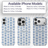 Elegant Blue Damask Symmetrical Floral Seamless Custom Name Protective Phone Case Mobile Cover Durable Everyday Smartphone Shock Resistant