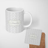 Personalized Custom Name Elegant Grey Damask Vintage Floral Seamless Pattern Name Cute 11oz Ceramic Coffee Tea Mug White Large Handle