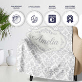 Elegant Grey Damask Vintage Floral Seamless Pattern Name Cute  Personalised Custom Name Super Soft Fleece Blanket Bed Sofa Throw
