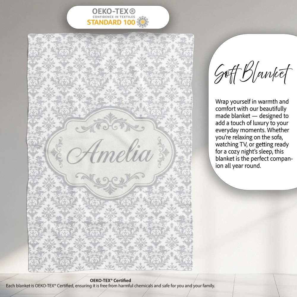 Elegant Grey Damask Vintage Floral Seamless Pattern Name Cute  Personalised Custom Name Super Soft Fleece Blanket Bed Sofa Throw