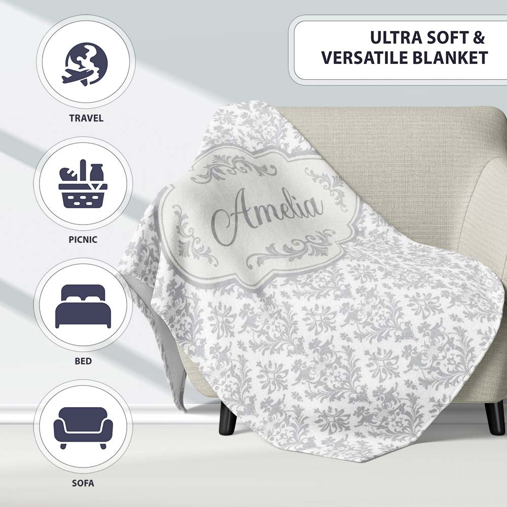 Elegant Grey Damask Vintage Floral Seamless Pattern Name Cute  Personalised Custom Name Super Soft Fleece Blanket Bed Sofa Throw