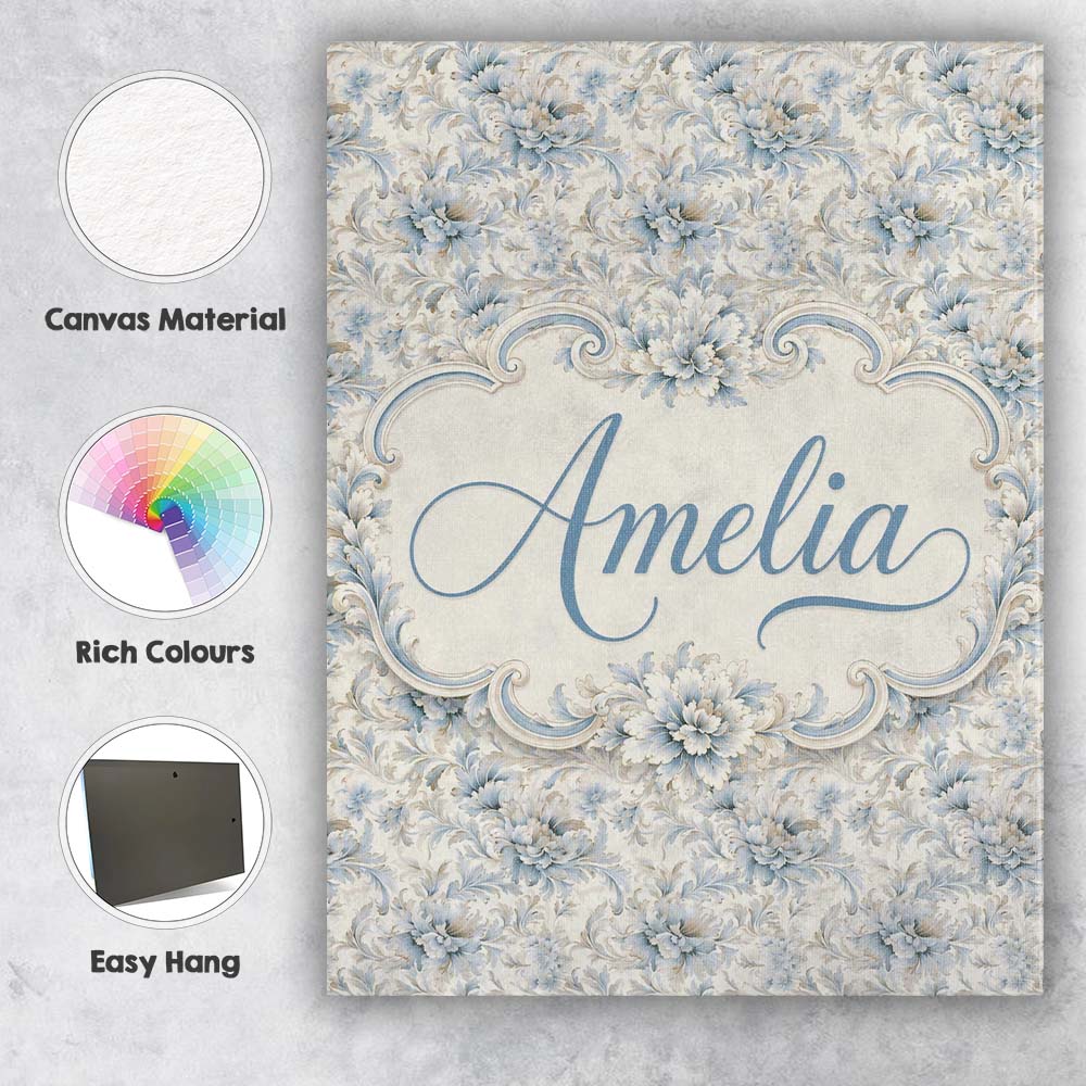 Personalised Name Soft Blue Beige Floral Custom  Unique Gift Idea Elegant Feature Canvas Wall Art Print Decor Picture Ready to Hang