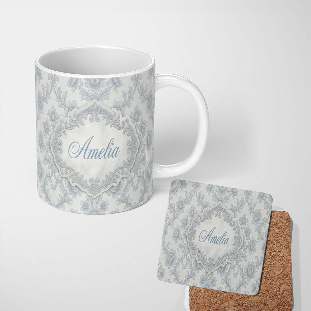 Personalized Custom Name Light Grey Blue Soft Floral Elegant Seamless Pattern Name Cute 11oz Ceramic Coffee Tea Mug White Large Handle