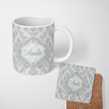 Personalized Custom Name Light Grey Blue Soft Floral Elegant Seamless Pattern Name Cute 11oz Ceramic Coffee Tea Mug White Large Handle