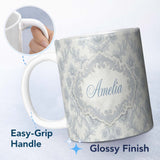 Personalized Custom Name Light Grey Blue Soft Floral Elegant Seamless Pattern Name Cute 11oz Ceramic Coffee Tea Mug White Large Handle