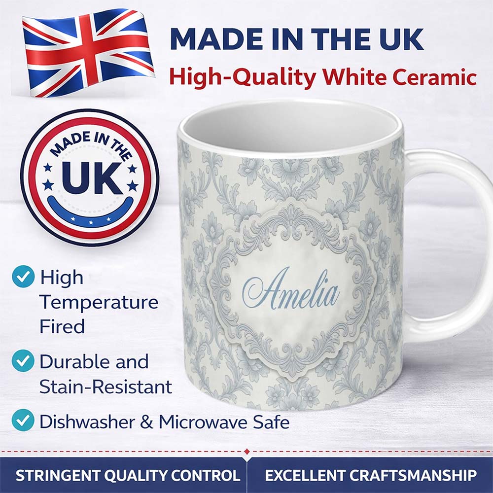 Personalized Custom Name Light Grey Blue Soft Floral Elegant Seamless Pattern Name Cute 11oz Ceramic Coffee Tea Mug White Large Handle