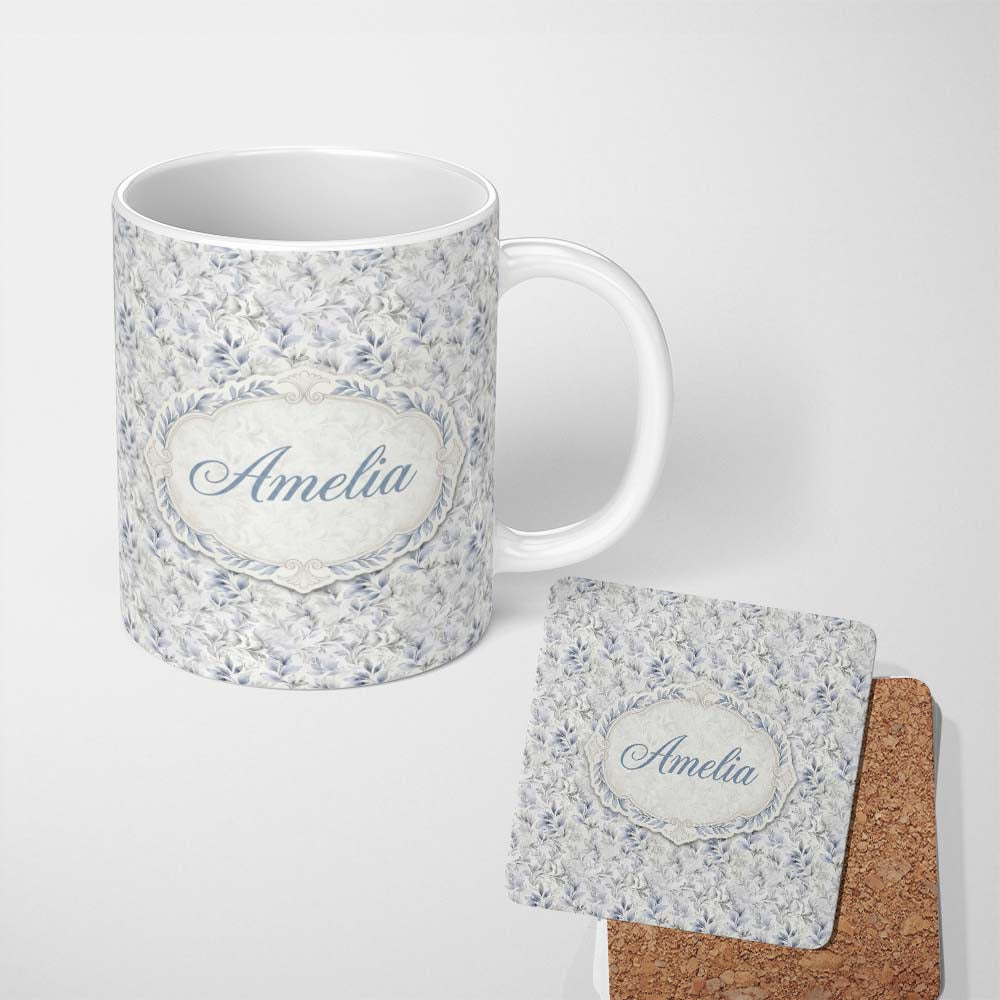 Personalized Custom Name Subtle Grey Botanical Leaves Vintage Seamless Pattern Name Cute 11oz Ceramic Coffee Tea Mug White Large Handle