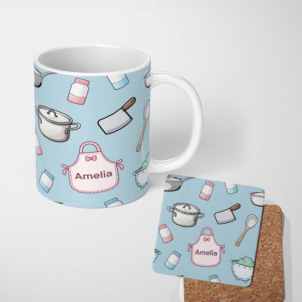 Personalized Custom Name Cute Kitchen Utensils Apron Cooking Theme Seamless Pattern Name 11oz Ceramic Coffee Tea Mug White Large Handle