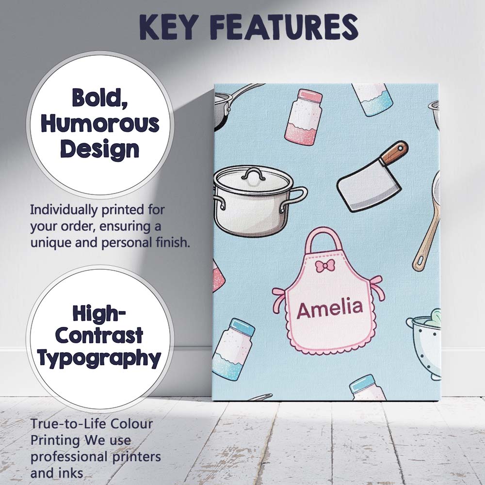 Personalised Name Cute Utensils Apron Custom Modern Room Accent Creative Decorator Style Canvas Wall Art Print Decor Picture Ready to Hang