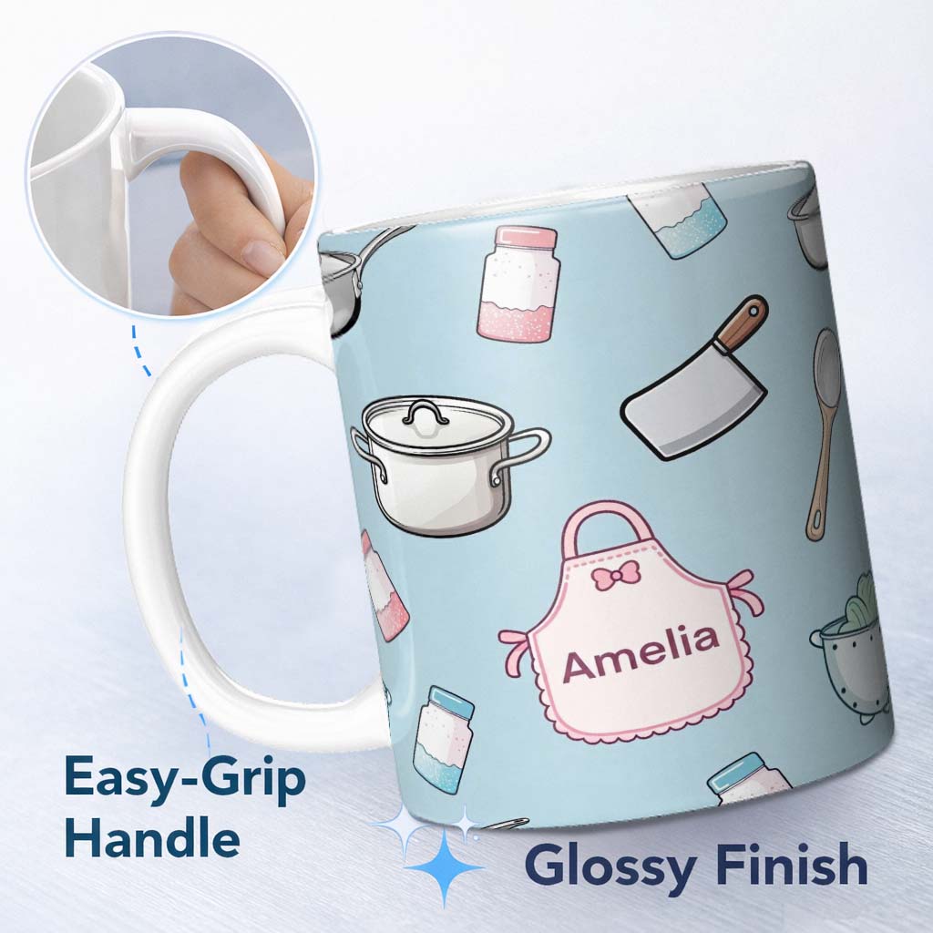Personalized Custom Name Cute Kitchen Utensils Apron Cooking Theme Seamless Pattern Name 11oz Ceramic Coffee Tea Mug White Large Handle