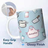 Personalized Custom Name Cute Kitchen Utensils Apron Cooking Theme Seamless Pattern Name 11oz Ceramic Coffee Tea Mug White Large Handle