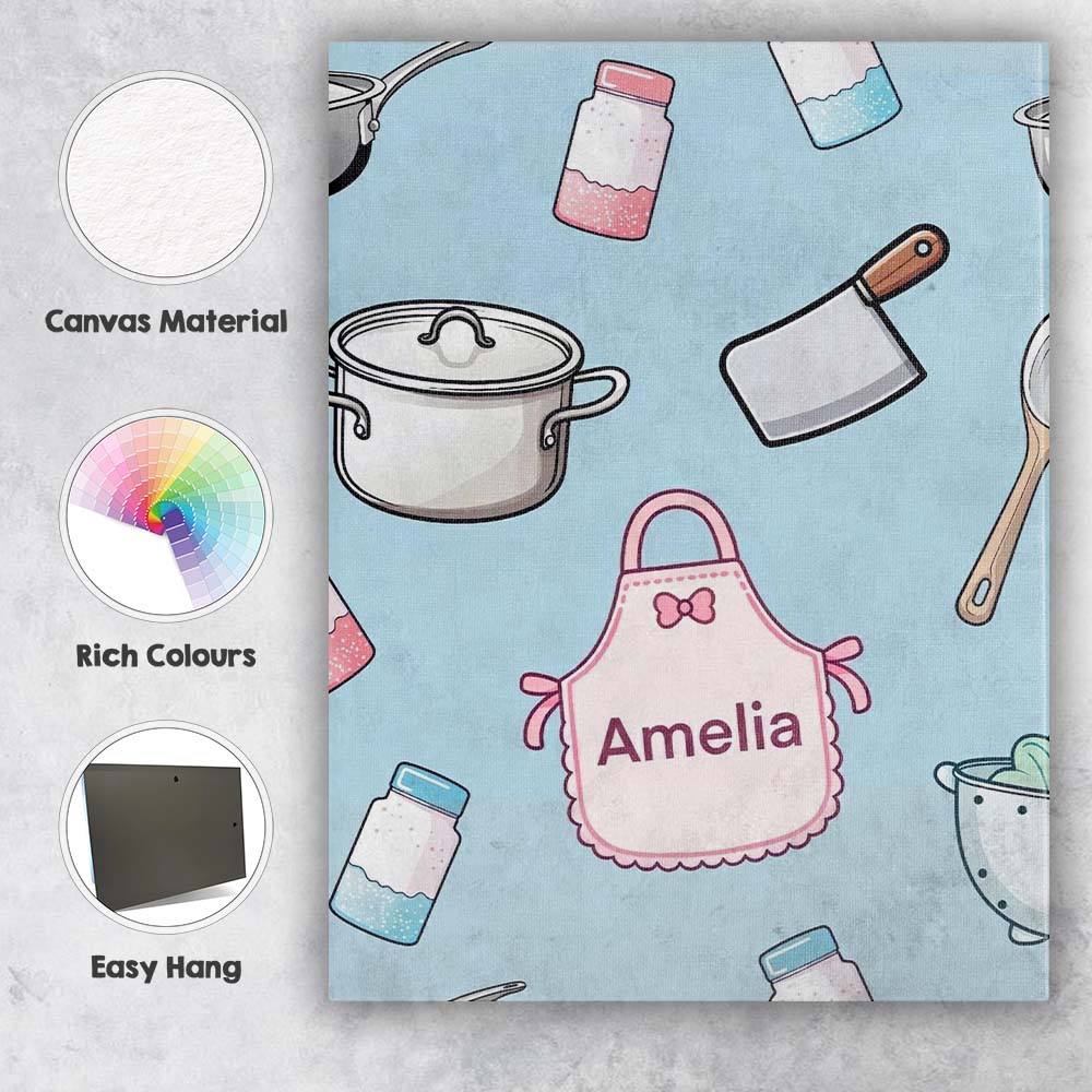 Personalised Name Cute Utensils Apron Custom Modern Room Accent Creative Decorator Style Canvas Wall Art Print Decor Picture Ready to Hang