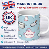 Personalized Custom Name Cute Kitchen Utensils Apron Cooking Theme Seamless Pattern Name 11oz Ceramic Coffee Tea Mug White Large Handle