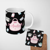 Personalized Custom Name Cute Kitchen Tools Apron Cooking Theme on Black Seamless Pattern 11oz Ceramic Coffee Tea Mug White Large Handle