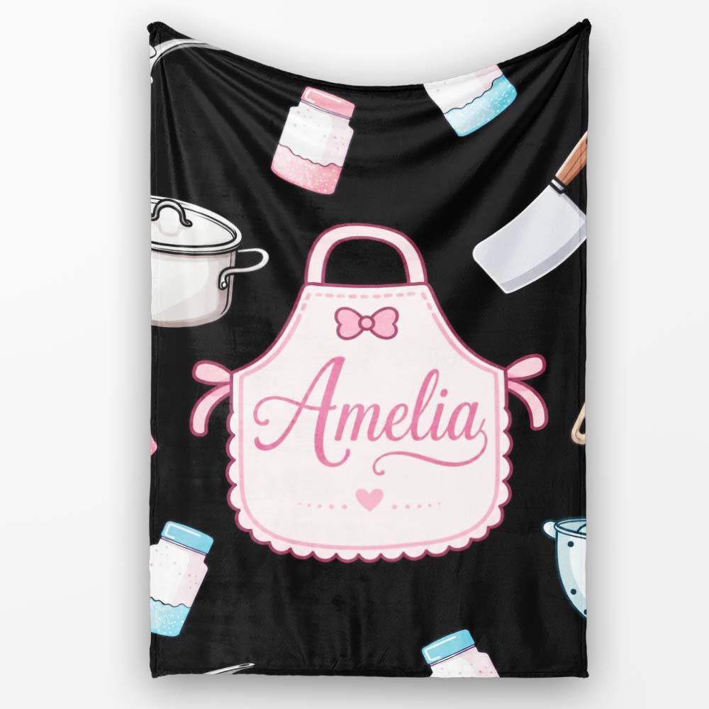 Cute  Tools Apron Cooking Theme on Black Seamless Pattern  Personalised Custom Name Super Soft Fleece Blanket Bed Sofa Throw