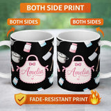 Personalized Custom Name Cute Kitchen Tools Apron Cooking Theme on Black Seamless Pattern 11oz Ceramic Coffee Tea Mug White Large Handle