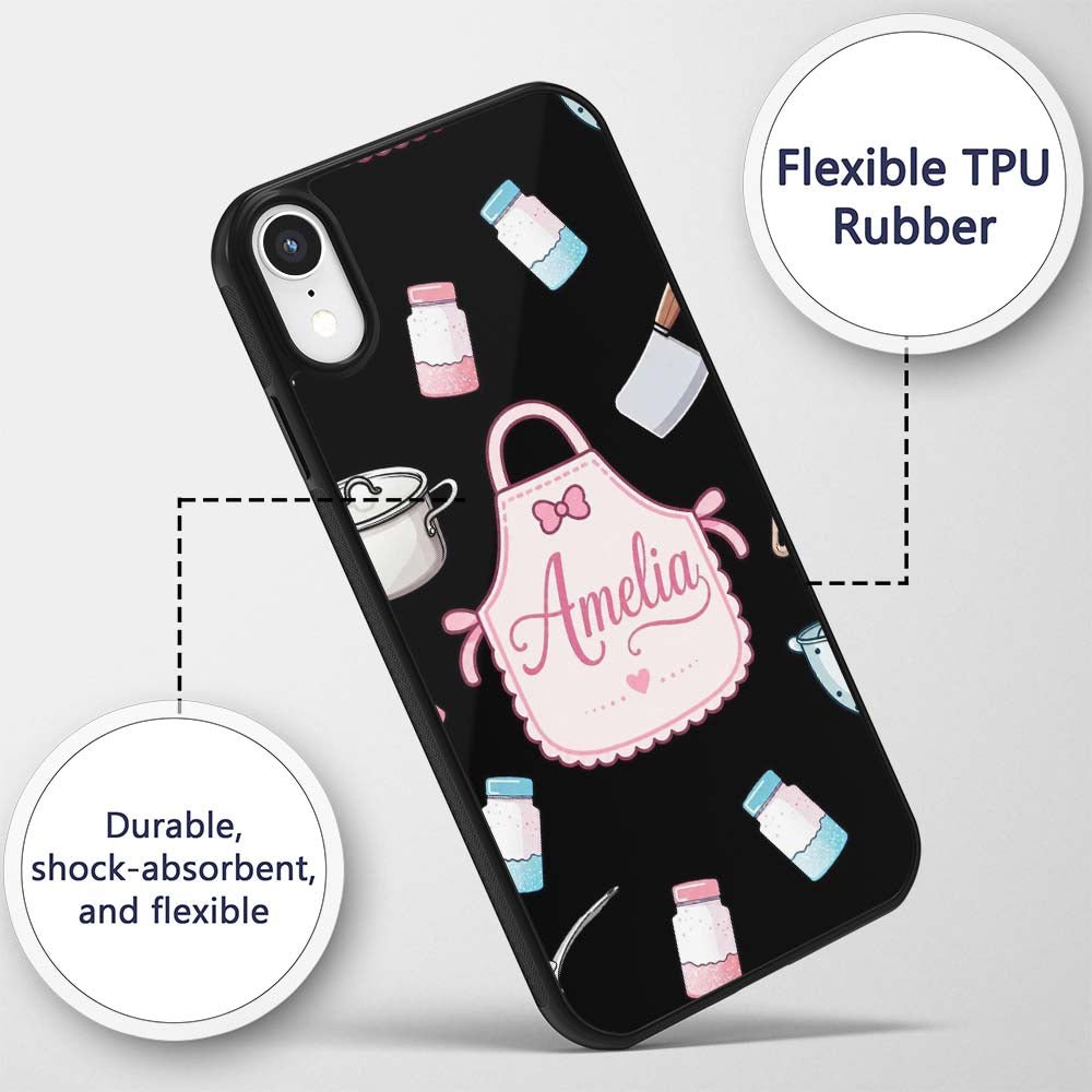 Cute Tools Apron Cooking Theme on Black Seamless Custom Name Protective Phone Case Mobile Cover Durable Everyday Smartphone Shock Resistant