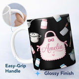 Personalized Custom Name Cute Kitchen Tools Apron Cooking Theme on Black Seamless Pattern 11oz Ceramic Coffee Tea Mug White Large Handle