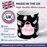 Personalized Custom Name Cute Kitchen Tools Apron Cooking Theme on Black Seamless Pattern 11oz Ceramic Coffee Tea Mug White Large Handle