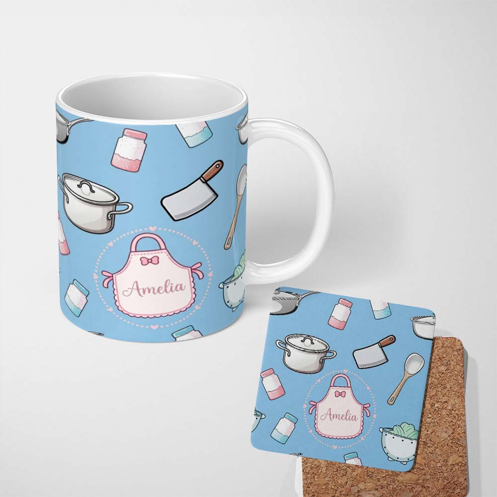 Personalized Custom Name Cute Kitchen Utensils Apron Cooking Theme Blue Seamless Pattern Name 11oz Ceramic Coffee Tea Mug White Large Handle