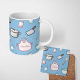 Personalized Custom Name Cute Kitchen Utensils Apron Cooking Theme Blue Seamless Pattern Name 11oz Ceramic Coffee Tea Mug White Large Handle
