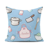 Custom Name Cute Utensils Apron Cooking Theme Blue Seamless Name Square Filled Cushion Throw Pillow Sofa Bed Home Decor Zip Washable UK Made