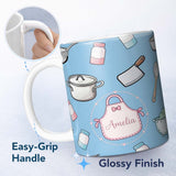 Personalized Custom Name Cute Kitchen Utensils Apron Cooking Theme Blue Seamless Pattern Name 11oz Ceramic Coffee Tea Mug White Large Handle