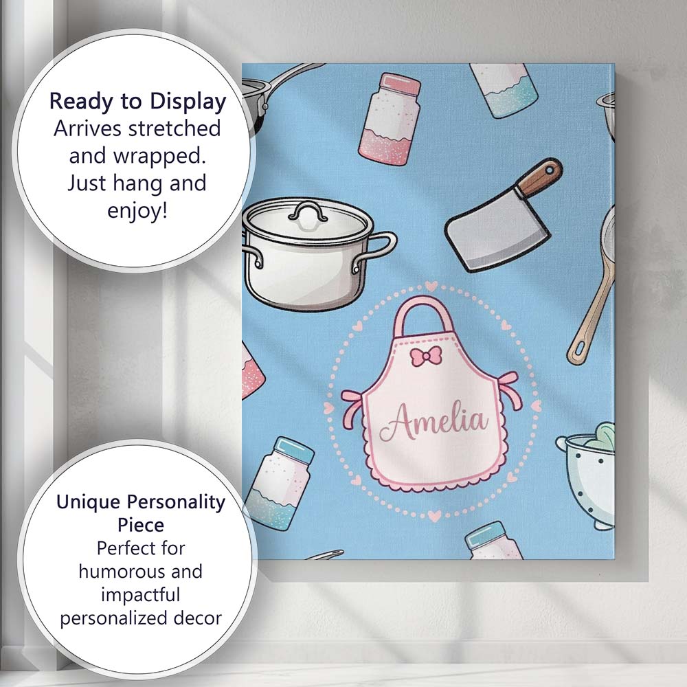 Personalised Name Cute Utensils Apron Custom Modern Room Accent Creative Decorator Style Canvas Wall Art Print Decor Picture Ready to Hang