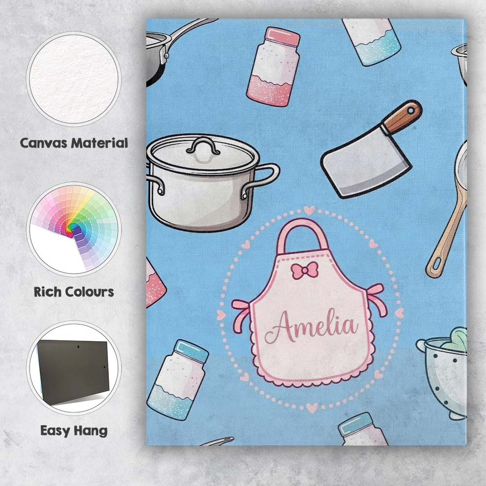 Personalised Name Cute Utensils Apron Custom Modern Room Accent Creative Decorator Style Canvas Wall Art Print Decor Picture Ready to Hang