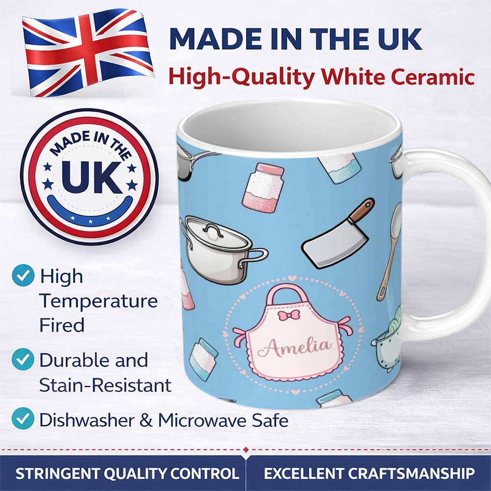 Personalized Custom Name Cute Kitchen Utensils Apron Cooking Theme Blue Seamless Pattern Name 11oz Ceramic Coffee Tea Mug White Large Handle
