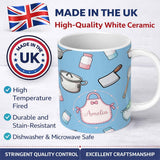 Personalized Custom Name Cute Kitchen Utensils Apron Cooking Theme Blue Seamless Pattern Name 11oz Ceramic Coffee Tea Mug White Large Handle