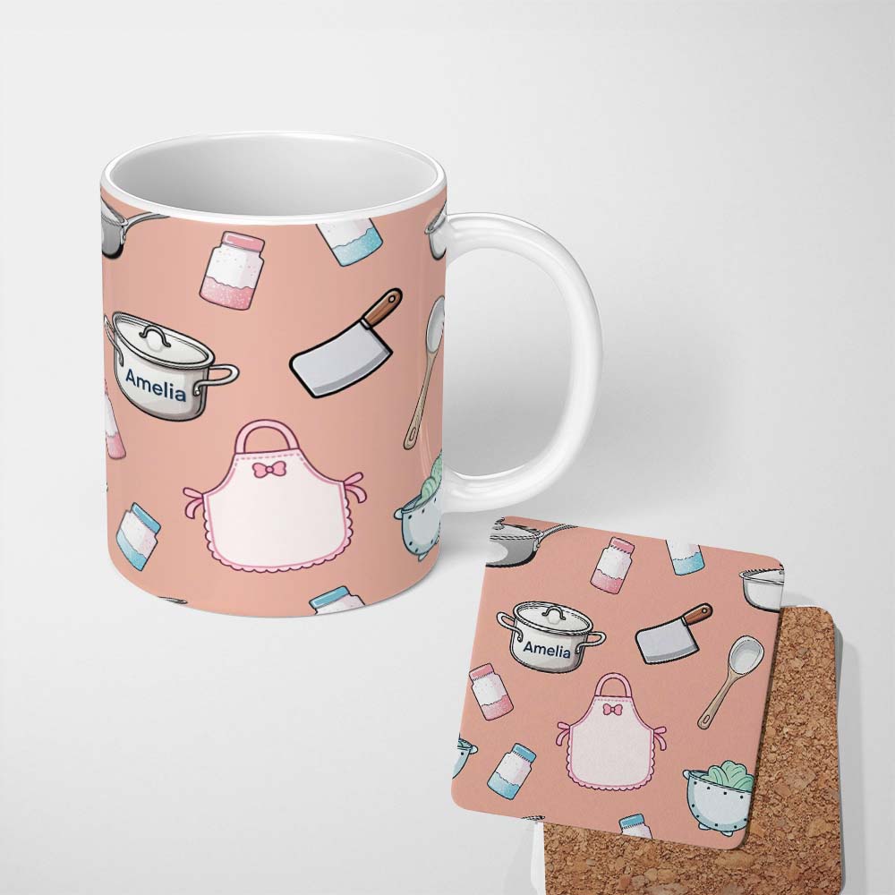 Personalized Custom Name Cute Kitchen Utensils Apron Cooking Theme Peach Seamless Pattern 11oz Ceramic Coffee Tea Mug White Large Handle