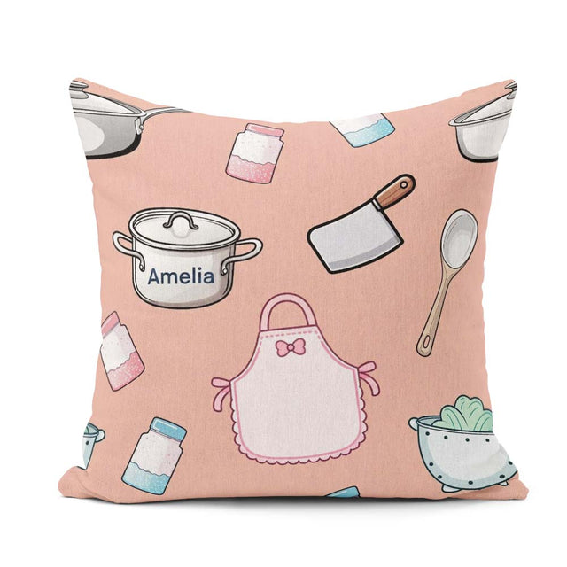 Custom Name Utensils Apron Cooking Theme Peach Seamless Pattern Square Filled Cushion Throw Pillow Sofa Bed Home Decor Zip Washable UK Made